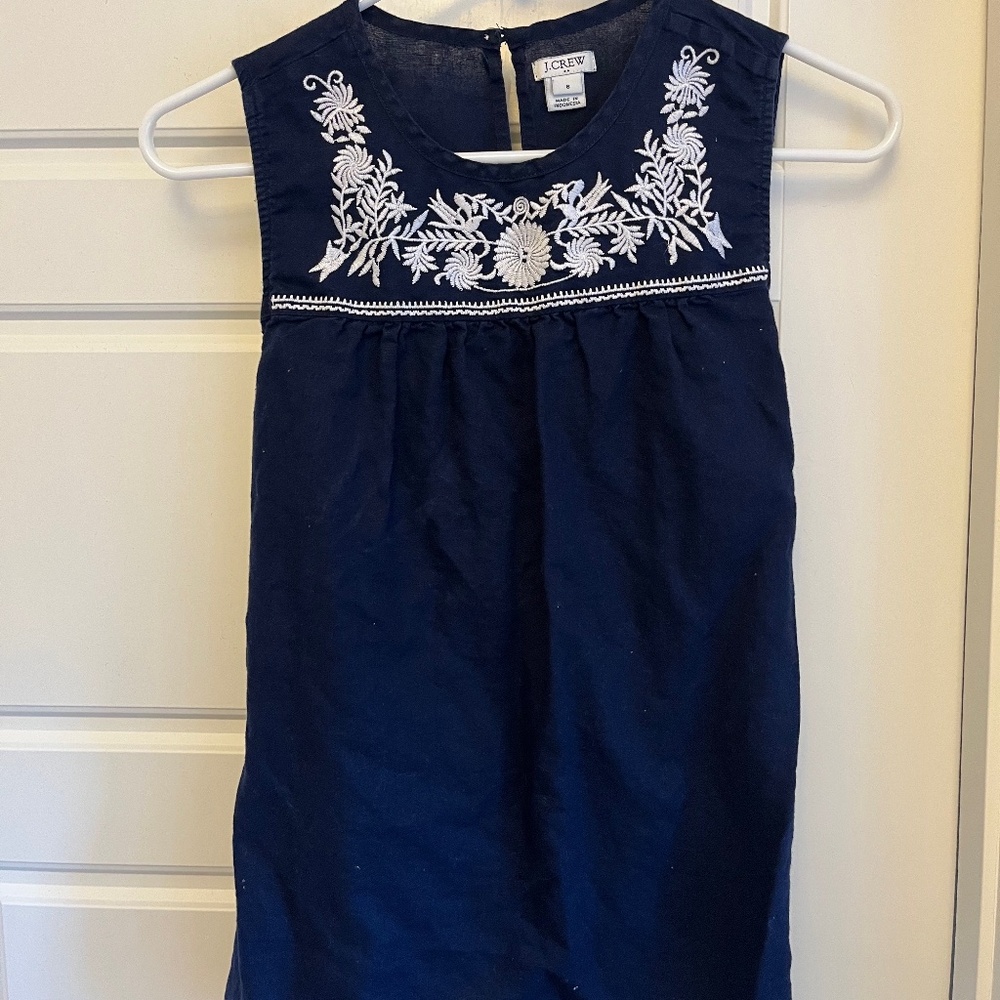 Navy embroidered J. Crew sleeveless blouse